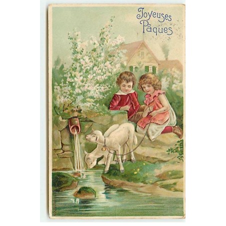 n°19562 - Carte Gaufrée - Joyeuses Pâques - Couple d'enfants tenant en laisse des agneaux en train de boire
