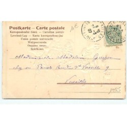 n°19565 - Carte Gaufrée - Joyeuses Pâques - Lièvres et enfants portant des oeufs, et des poussins