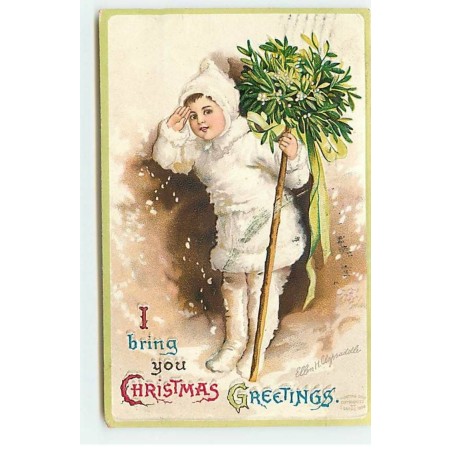 n°19566 - Carte Gaufrée - Ellen H. Clapsaddle - I bring you Christmas Greeting - Fillette avec du Gui
