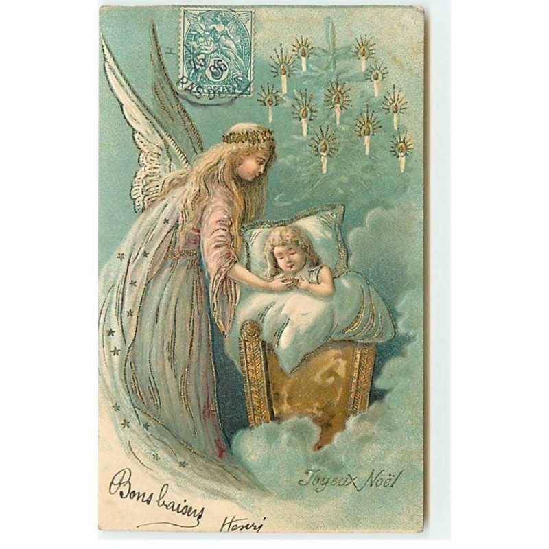 n°19568 - Carte Gaufrée - Joyeux Noël - Ange Gardien veillant sur une enfant endormie