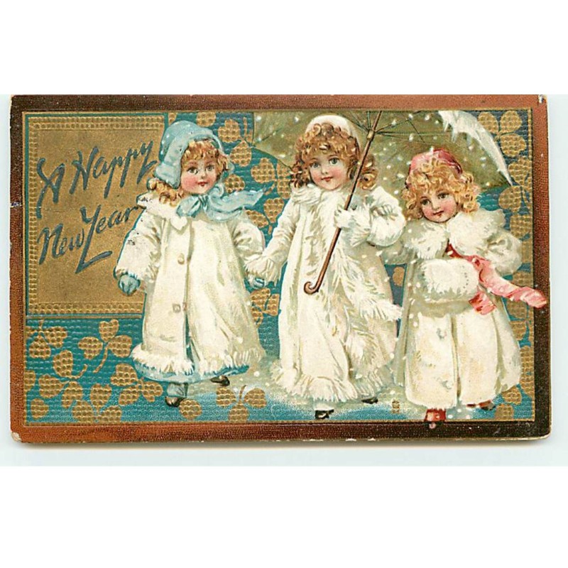 n°19570 - Carte Gaufrée - A Happy New Year - Fillettes se protégeant de la neige sous un parapluie - style Brundage