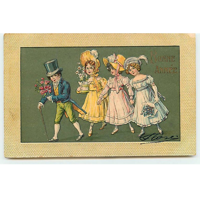 n°19571 - Carte Gaufrée - Bonne Année - Trois jeunes filles suivant un jeune garçon