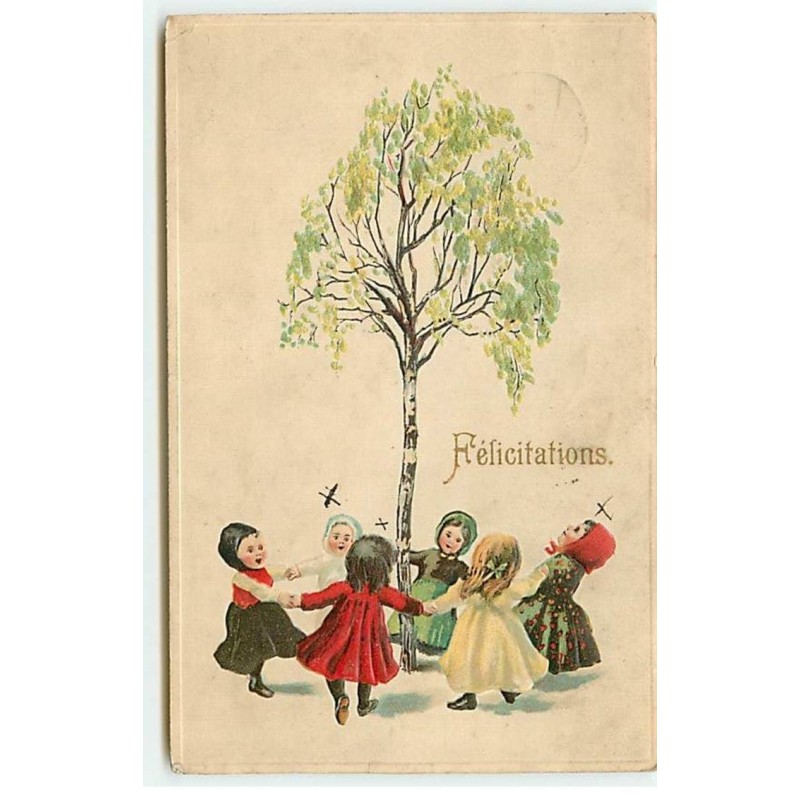 n°19588  - Carte Gaufrée - Félicitations - Fillettes faisant une ronde autour d'un arbre