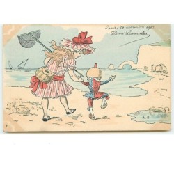 n°1959 - Lot de 6 cartes - Fillette et Arlequin sur la plage - Pêche
