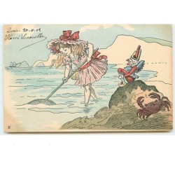 n°1959 - Lot de 6 cartes - Fillette et Arlequin sur la plage - Pêche