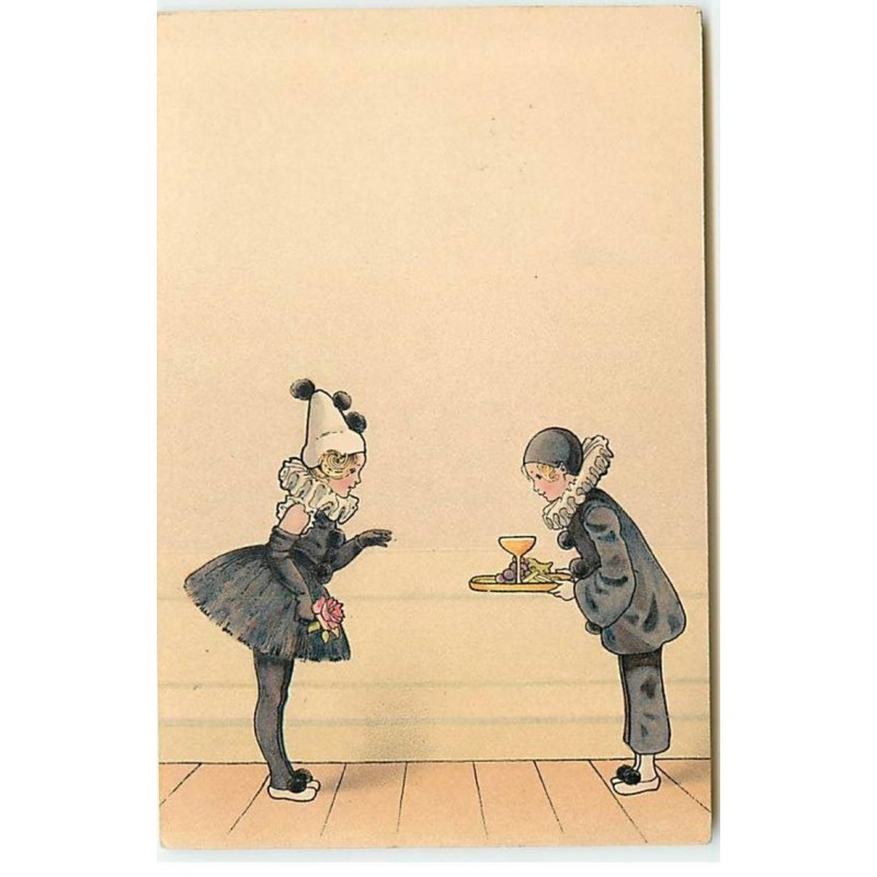 n°19592 - Pierrot proposant un verre et du raisin à Colombine
