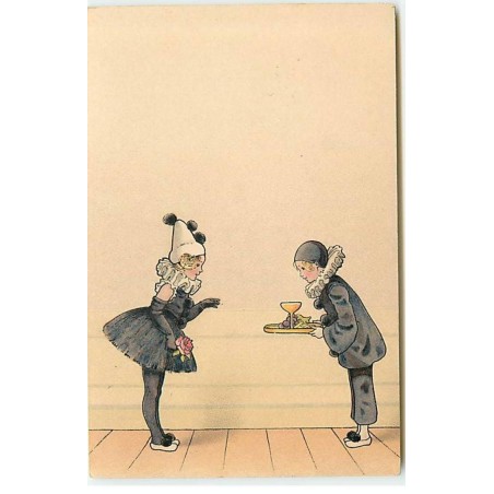 n°19592 - Pierrot proposant un verre et du raisin à Colombine