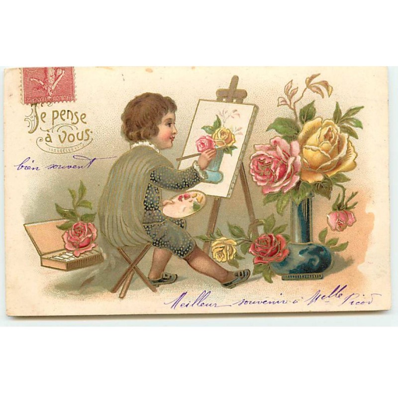 n°19594 - Carte Gaufrée - Je Pense à Vous - Enfant peignant des roses dans un vase