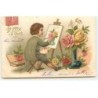 n°19594 - Carte Gaufrée - Je Pense à Vous - Enfant peignant des roses dans un vase