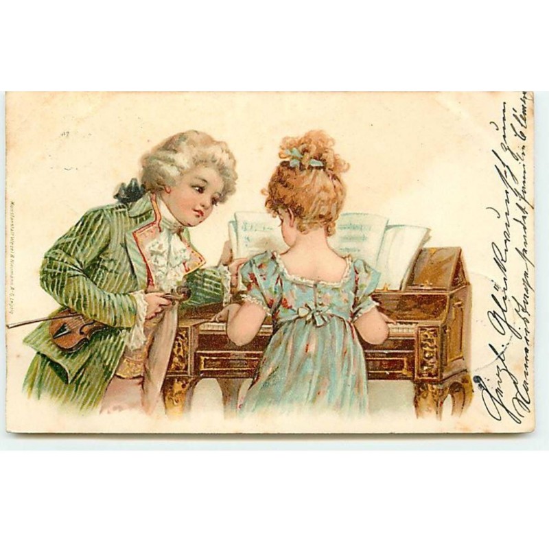 n°19595 - Wezel & Naumann - Jeune fille jouant du violon, accompagnée d'un jeune homme avec un violon