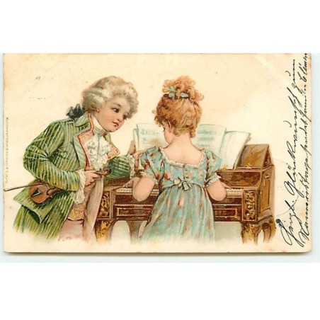 n°19595 - Wezel & Naumann - Jeune fille jouant du violon, accompagnée d'un jeune homme avec un violon