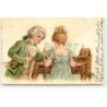 n°19595 - Wezel & Naumann - Jeune fille jouant du violon, accompagnée d'un jeune homme avec un violon