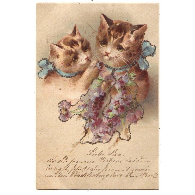 n°19596 - Carte à paillettes - Chats et fleurs - chat