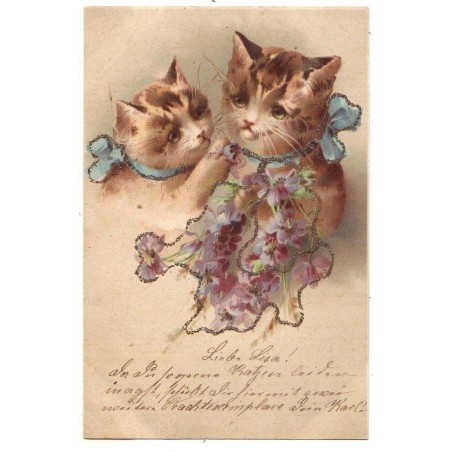 n°19596 - Carte à paillettes - Chats et fleurs - chat
