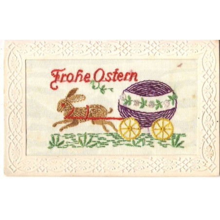 n°19602 - Carte Brodée - Frohe Ostern - Lièvre tirant un oeuf