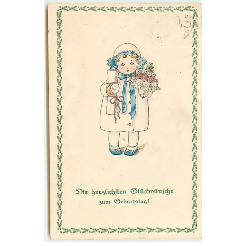 n°19605 - Pauli Ebner - MM Vienne n°1009 - Fillette portant un cadeau et un bouquet