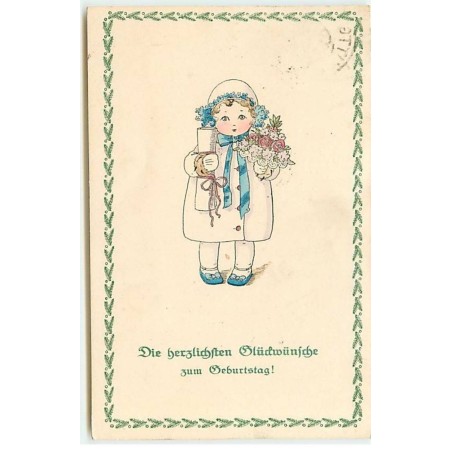 n°19605 - Pauli Ebner - MM Vienne n°1009 - Fillette portant un cadeau et un bouquet