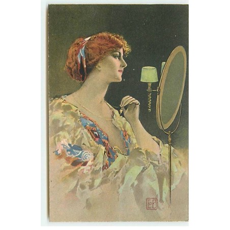 n°19610 - E.B. - Lampe - Jeune femme se regardant dans un miroir