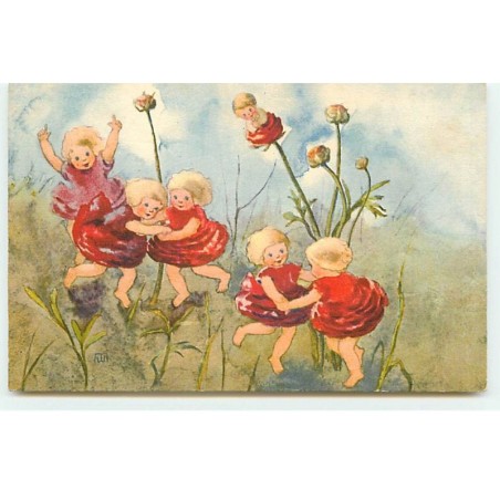 n°19615 - Mili Weber - Fillettes dansant parmi des fleurs