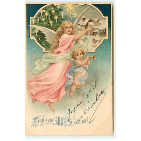 n°19622 - Fröhliche Weihnachten - Ange gardien montrant un village, avec un ange jouant d'une flûte