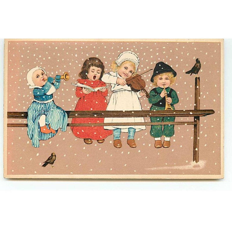 n°19632 - Flatscher - Enfants chantant et jouant de la musique sous la neige