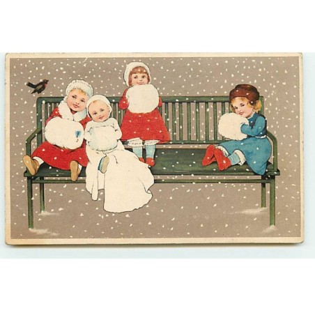 n°19633 - Flatscher - Fillettes avec des manchons, assises sur un banc sous la neige