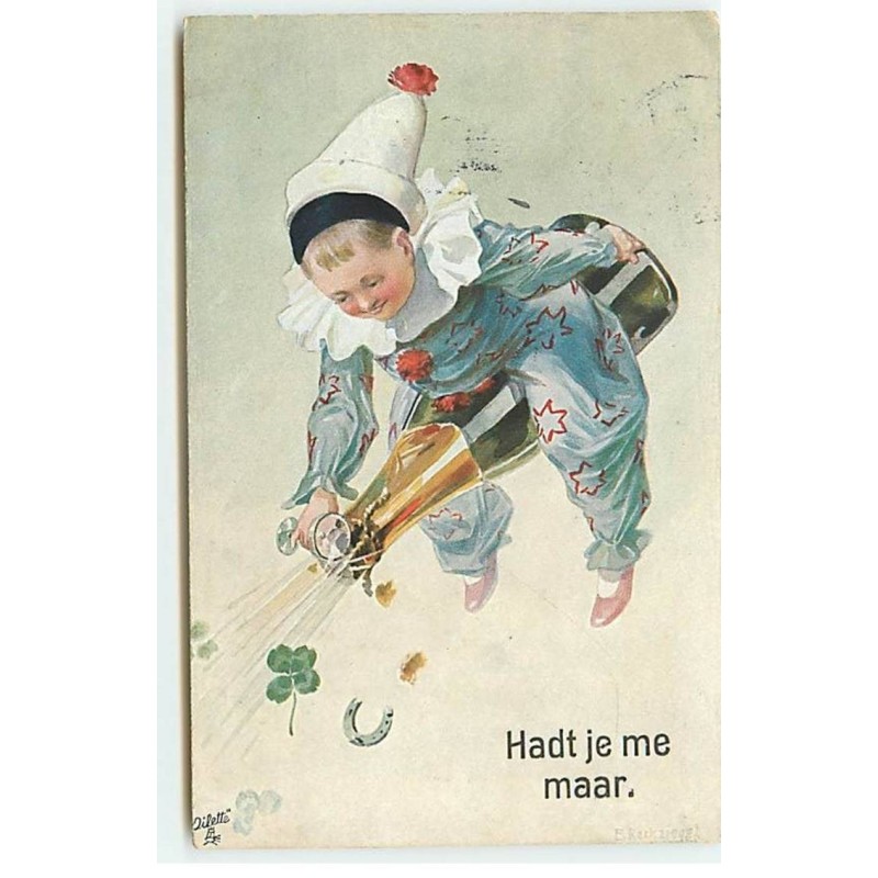 n°19644 - Hadt je me maar - Pierrot à califourchon sur une bouteille de champagne