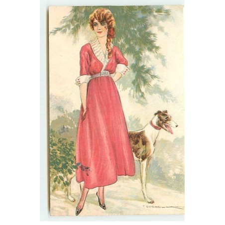 n°19661 - T. Corbella - Jeune femme avec un lévrier à ses côtés