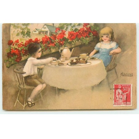 n°19663 - Hannes Petersen - Couple d'enfants prenant le thé sur un balcon
