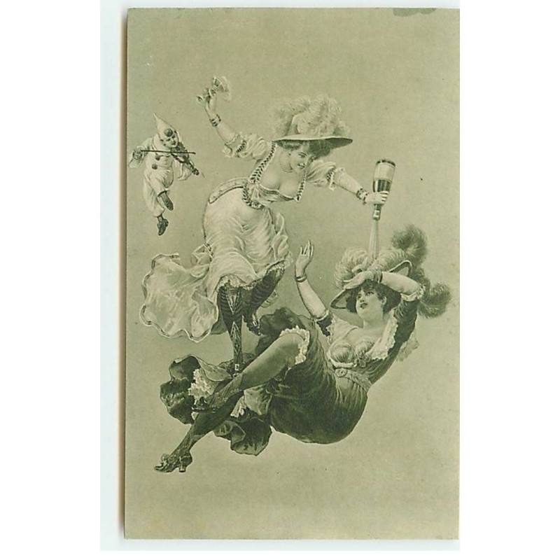 n°19664 - Femmes s'amusant avec du champagne - Pierrot jouant du violon