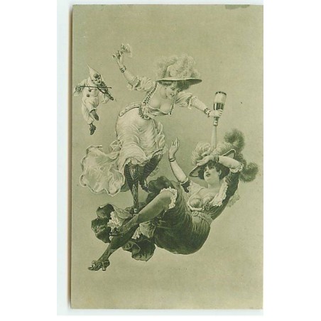 n°19664 - Femmes s'amusant avec du champagne - Pierrot jouant du violon