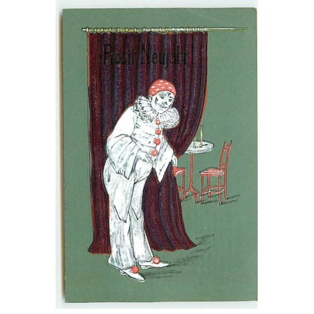 n°19667 - Carte Gaufrée - Pierrot derrière un rideau