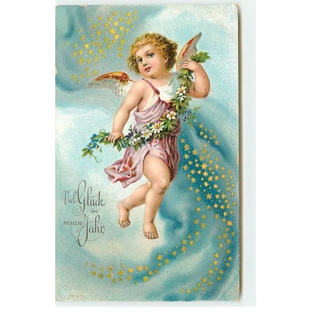 n°19671 - Carte Gaufrée - Viel Glückim neuen Jahr - Ange jouant avec une guirlande de fleurs