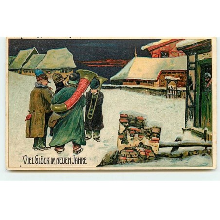 n°19675 - Carte Gaufrée - Viel Glück im Neuen Jahre - Hommes jouant de la musique dans la neige