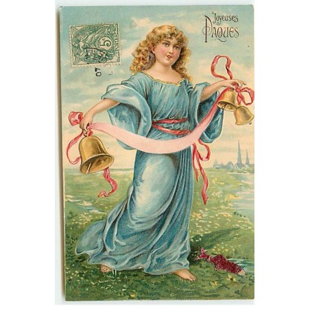 n°19677 - Carte Gaufrée - Joyeuses Pâques - Ange sonnant des cloches