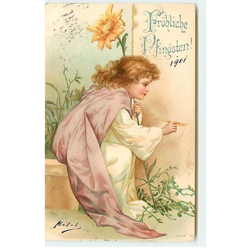 n°19678 - Clapsaddle -  Fröhliche Pfingsten - Enfant tenant une fleur, près d'un mur