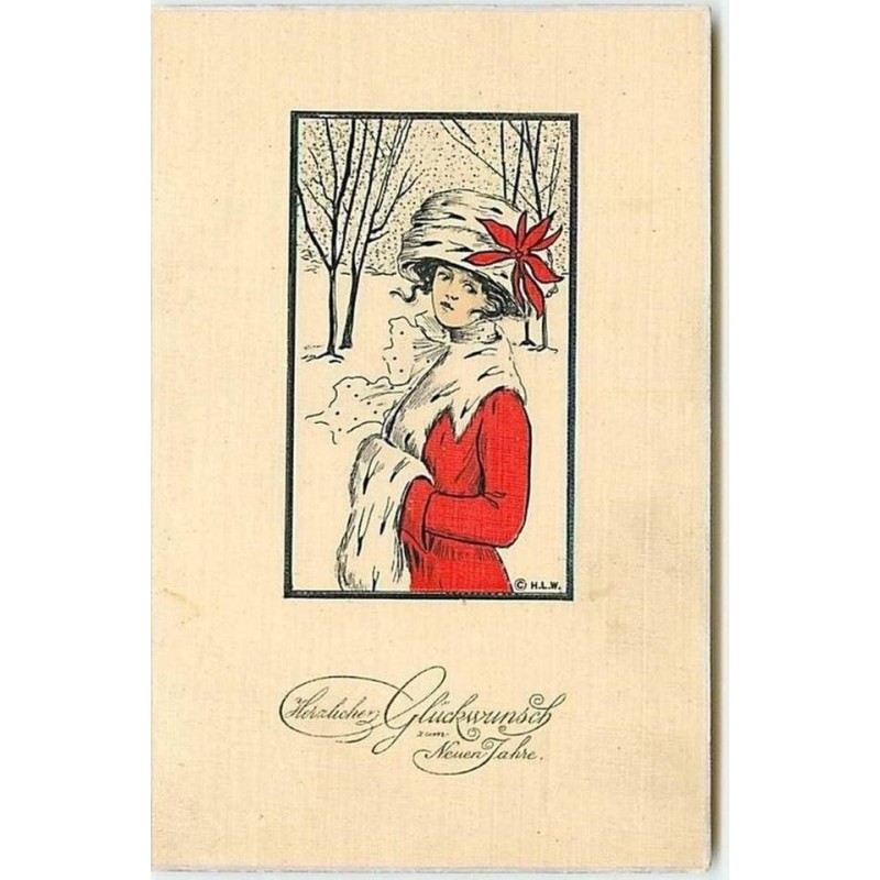 n°10026 - Carte Fantaisie - Femme avec manchon - H.L.W.