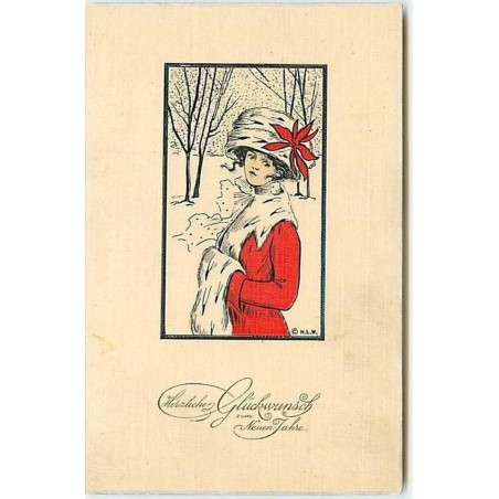 n°10026 - Carte Fantaisie - Femme avec manchon - H.L.W.