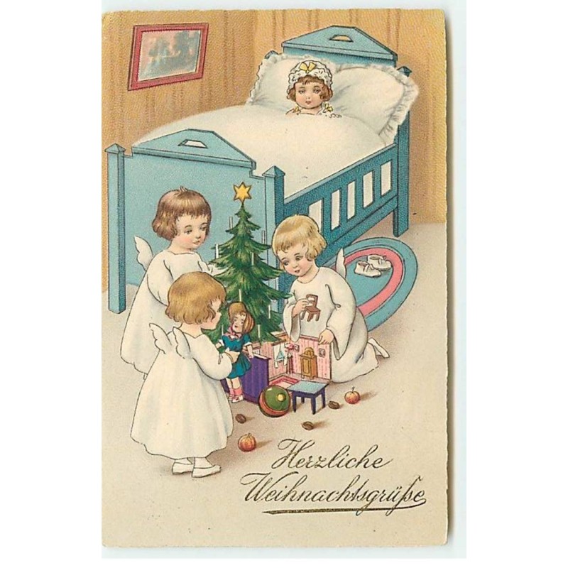 n°19680 - Herzliche Weihnachtsgrusse - Anges jouant au pied d'un lit où dort une fillette