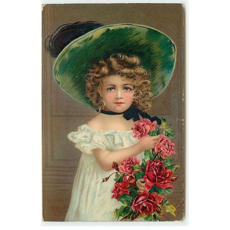 n°19684 - Fillette avec un grand chapeau et bouquet de roses