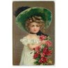 n°19684 - Fillette avec un grand chapeau et bouquet de roses