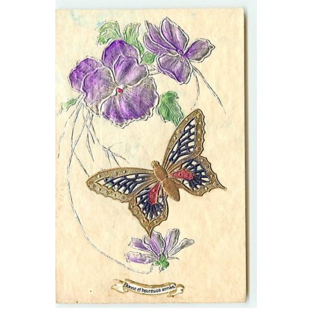 n°19700 - Carte Gaufrée et en relief - Bonne et Heureuse Année - Papillon et Pensées