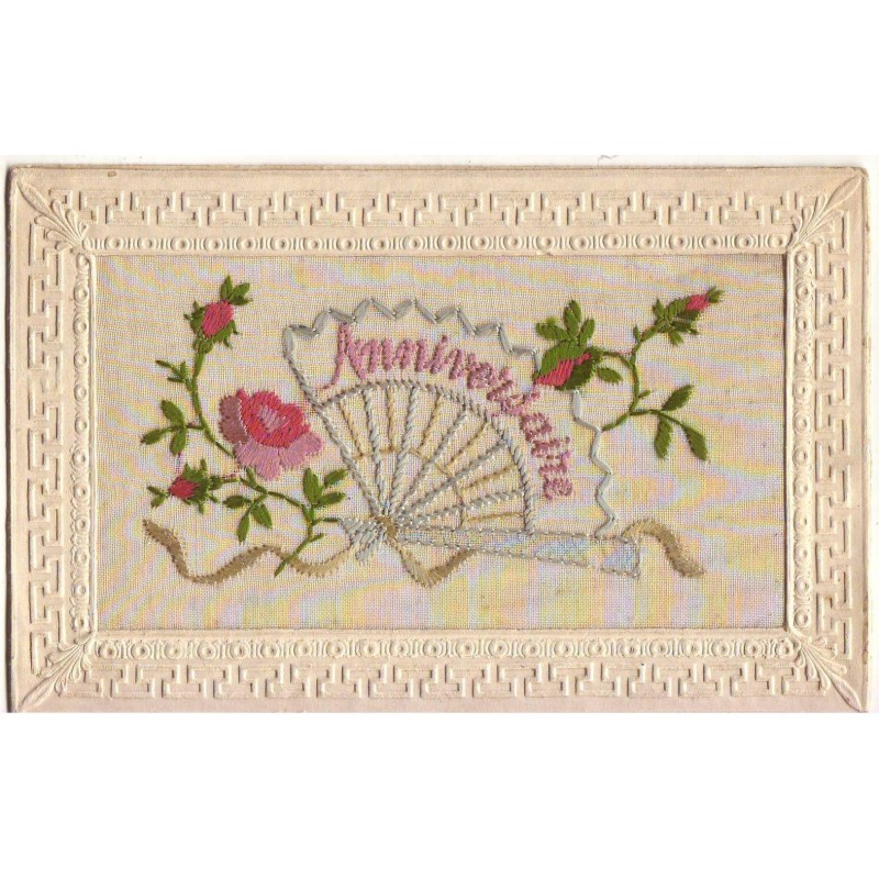 n°19702 - Carte Brodée - Anniversaire - Roses et Eventail