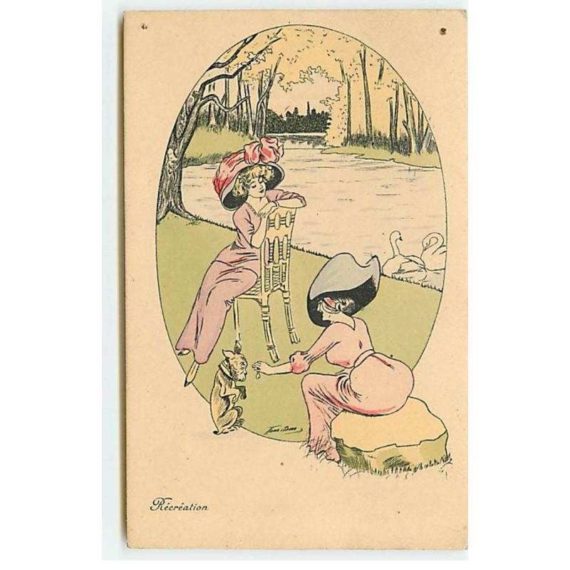 n°19710 - Xavier Sager - Récréation - Femmes au bord d'une rivière avec deux cygnes - Bouledogue
