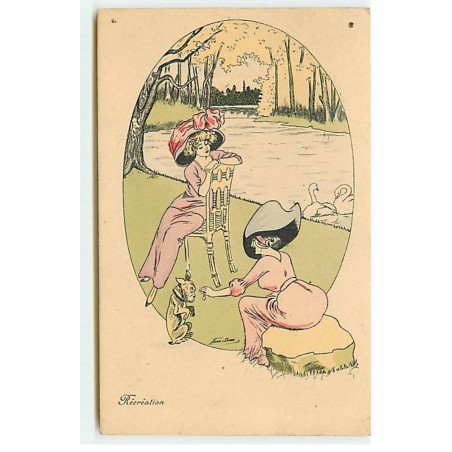 n°19710 - Xavier Sager - Récréation - Femmes au bord d'une rivière avec deux cygnes - Bouledogue