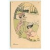 n°19710 - Xavier Sager - Récréation - Femmes au bord d'une rivière avec deux cygnes - Bouledogue