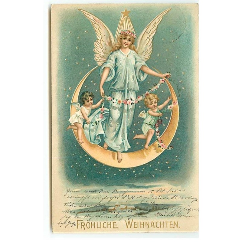 n°19732 - Fröhliche Weihnachten - Ange gardien et deux anges décorant un croissant de lune avec une guirlande de fleurs