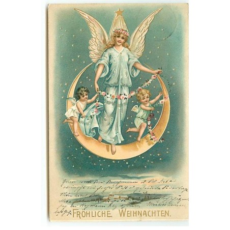 n°19732 - Fröhliche Weihnachten - Ange gardien et deux anges décorant un croissant de lune avec une guirlande de fleurs