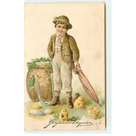 n°19736 - Carte Gaufrée - Joyeuses Pâques - Garçon près d'une hotte remplie d'oeuf, et de poussins