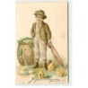 n°19736 - Carte Gaufrée - Joyeuses Pâques - Garçon près d'une hotte remplie d'oeuf, et de poussins